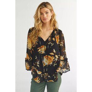 Anthropologie M Black Romantic Ruffled Peasant Blouse Boho Floral Career Office